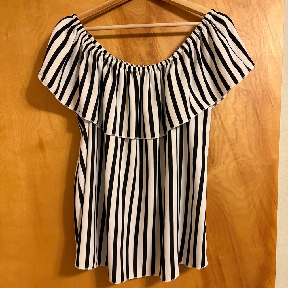 Catherine Malandrino Black and White Striped Off-Shoulder Blouse